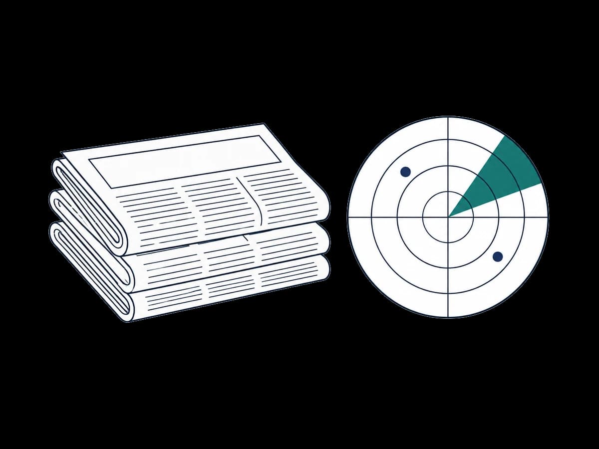 Line sketch of a stack of newspapers next to a radar disc
