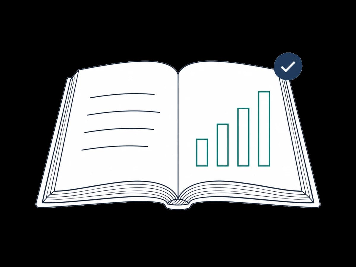 Line sketch of an open book with a bar chart on one page and a check mark