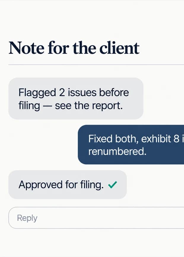 Attorney-to-client message thread about two flagged issues, a fix, and filing approval.