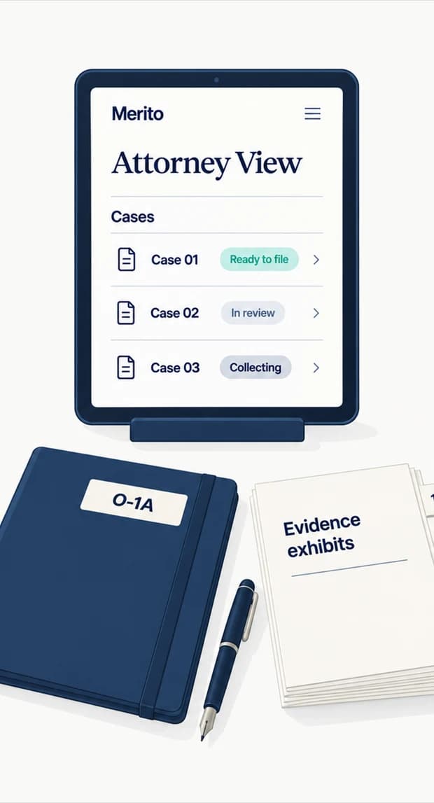 An attorney's desk with a tablet showing the Merito Attorney View case list, a case folder, and evidence exhibits.