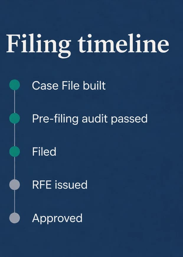 Filing timeline card: Case File built, pre-filing audit passed, filed, RFE issued, approved.