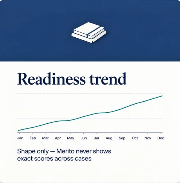 Readiness trend card: a rising monthly line chart, shape only, no exact scores shown.