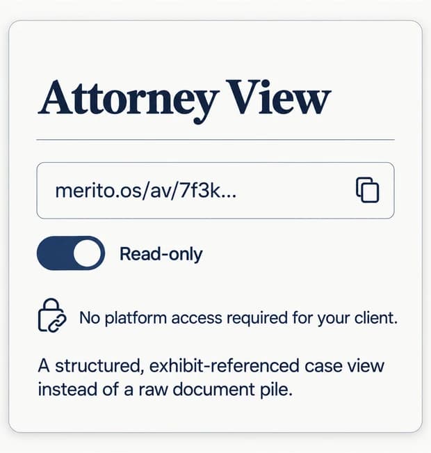 Attorney View card: a read-only share link and a note that no platform access is required for the client.