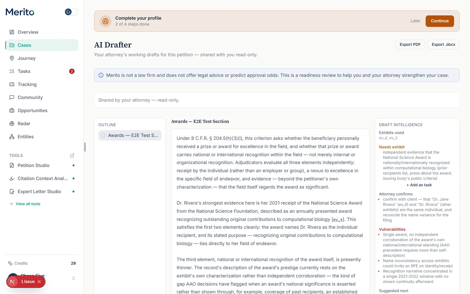 The Drafter tab in read-only mode, showing a real generated section with its Draft Intelligence rail — exhibits used, needs-exhibit flags, attorney confirms, and vulnerabilities