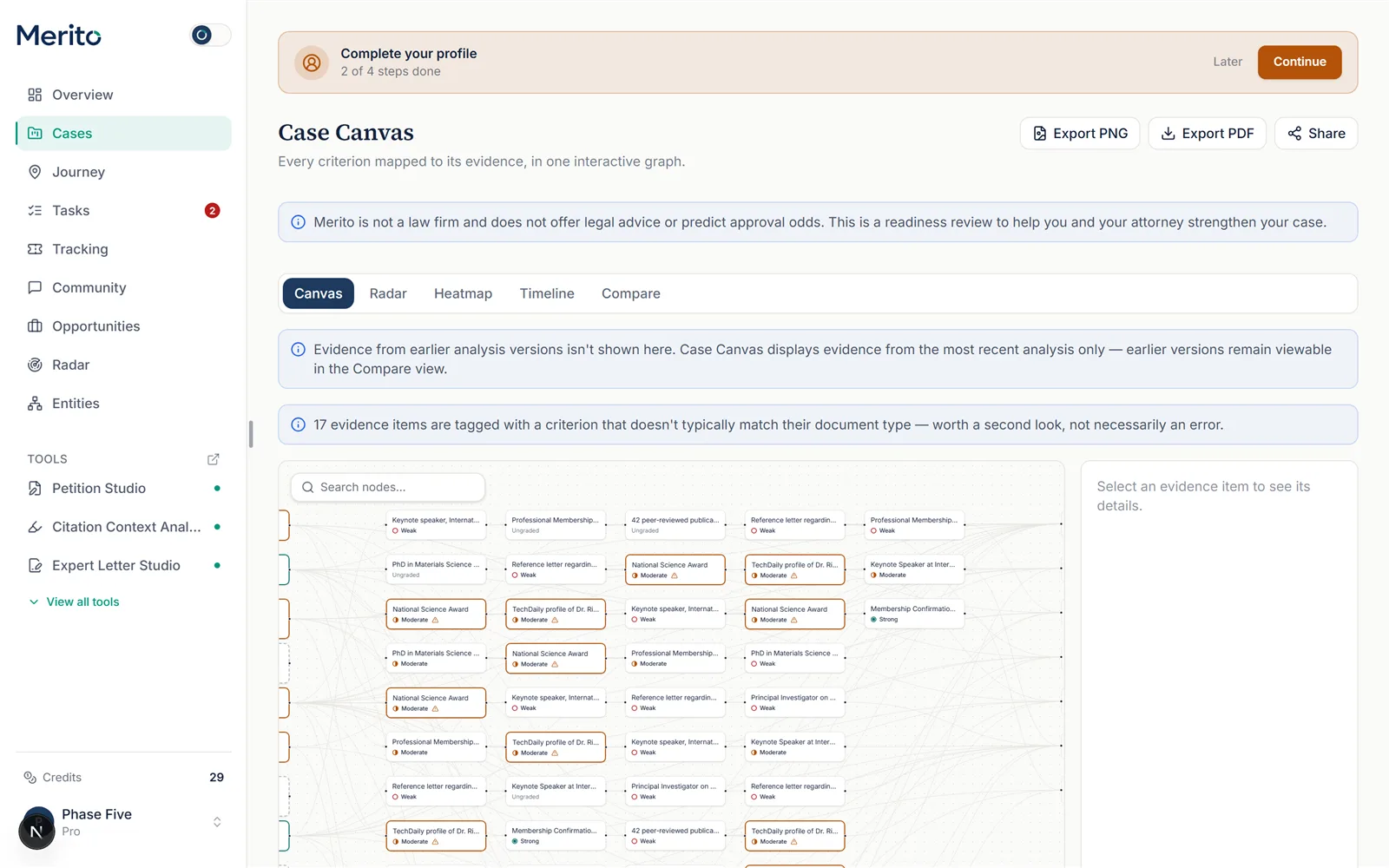 Case Canvas's Graph view, with evidence nodes color-coded by strength and a criterion-kind mismatch notice above the graph