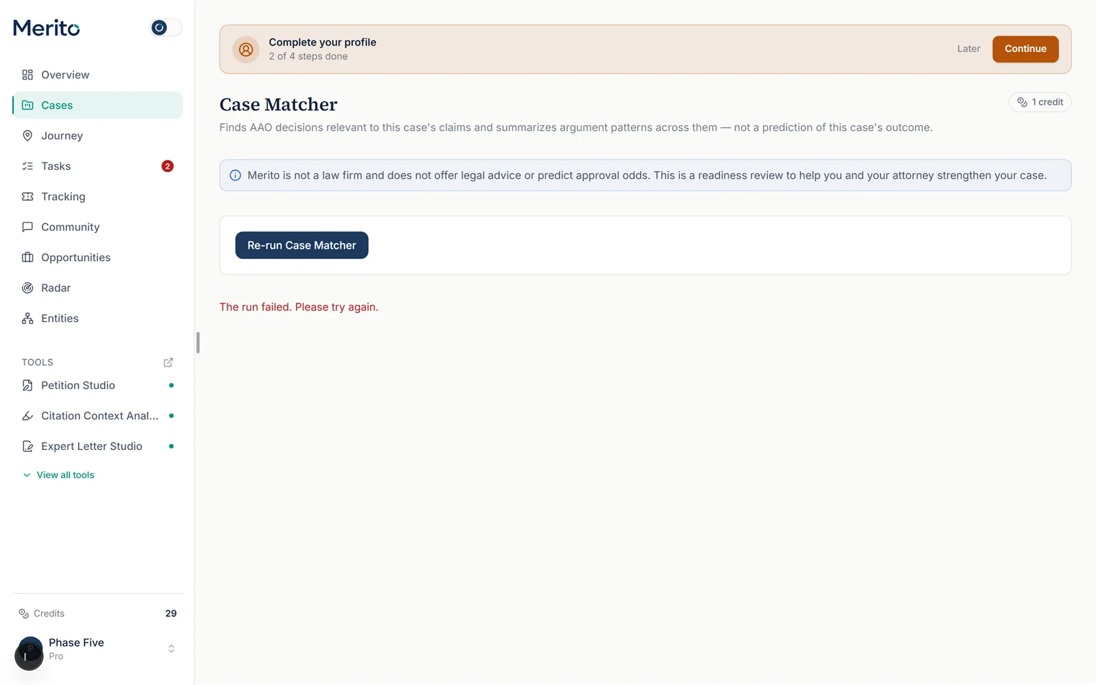 Case Matcher's entry screen, showing the 1-credit cost badge and a Re-run button after a prior run
