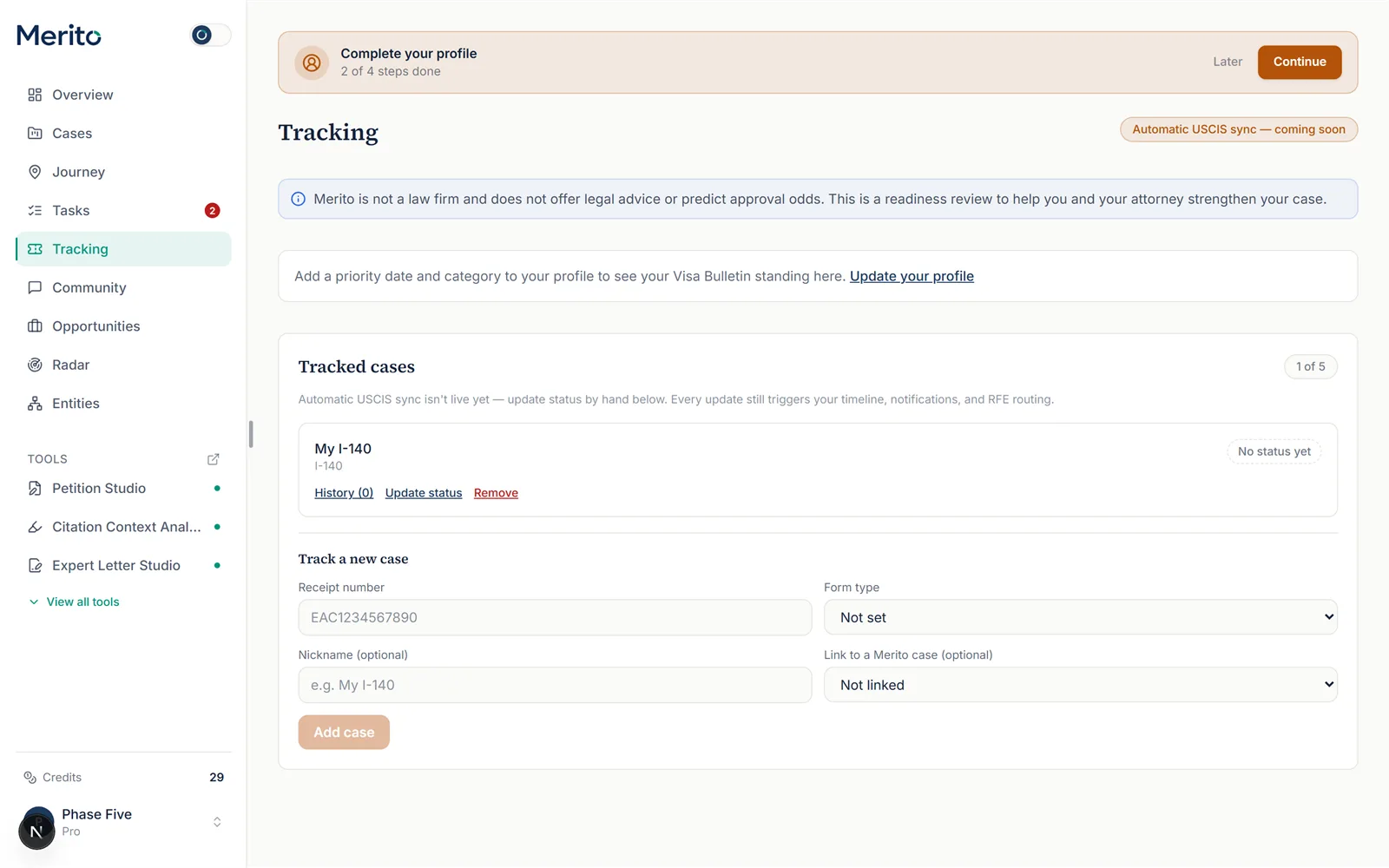 A tracked case card after being added, showing its nickname, form type, and "No status yet" pill