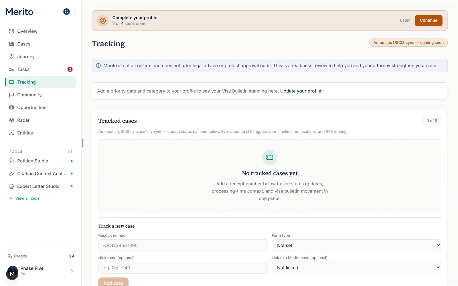 Case Tracking's empty state, with the "Automatic USCIS sync — coming soon" badge and the Track a new case form below it