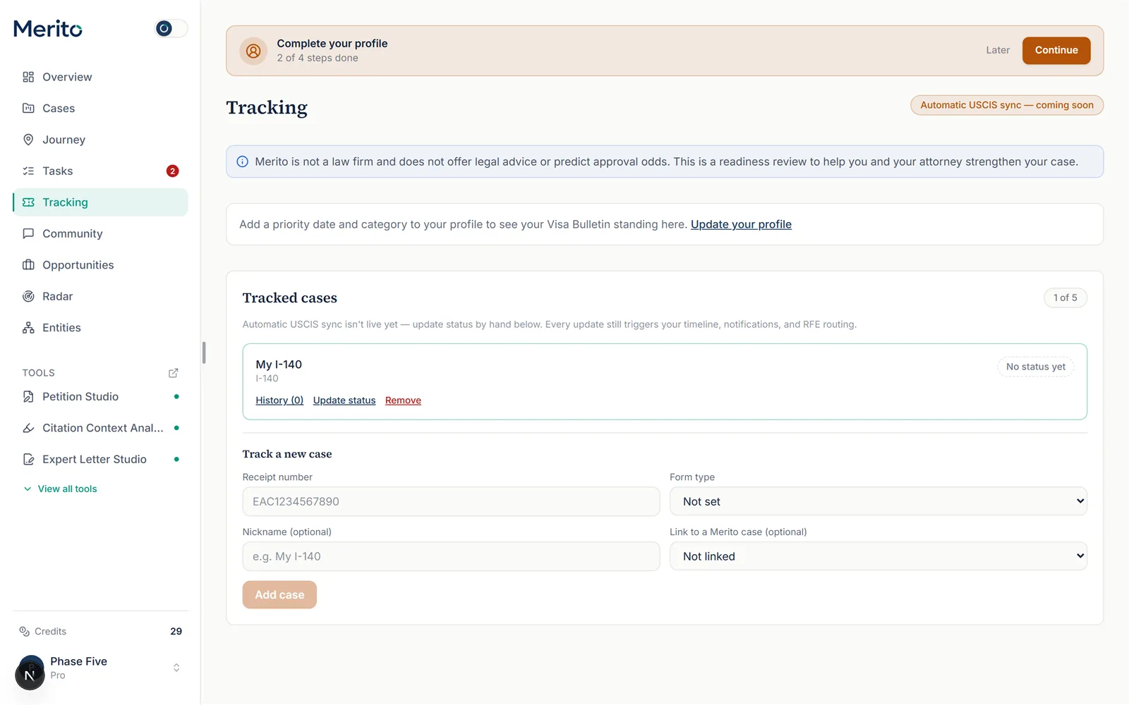 The tracked case card with History, Update status, and Remove actions visible