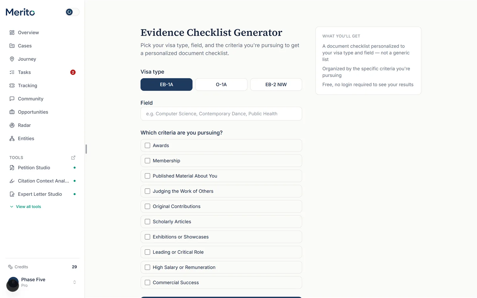 The Checklist Generator form, with visa type, field, and criteria checkboxes, and a "What you'll get" side panel