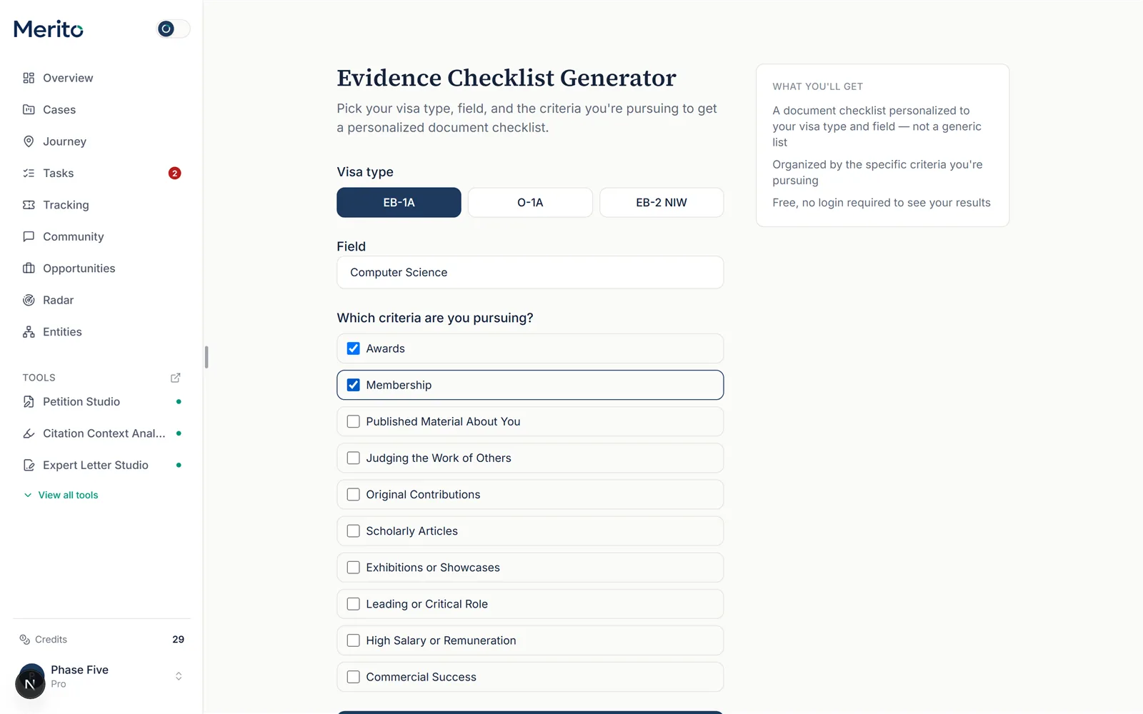 The form filled in with EB-1A, a field, and two criteria checked, mid-generation