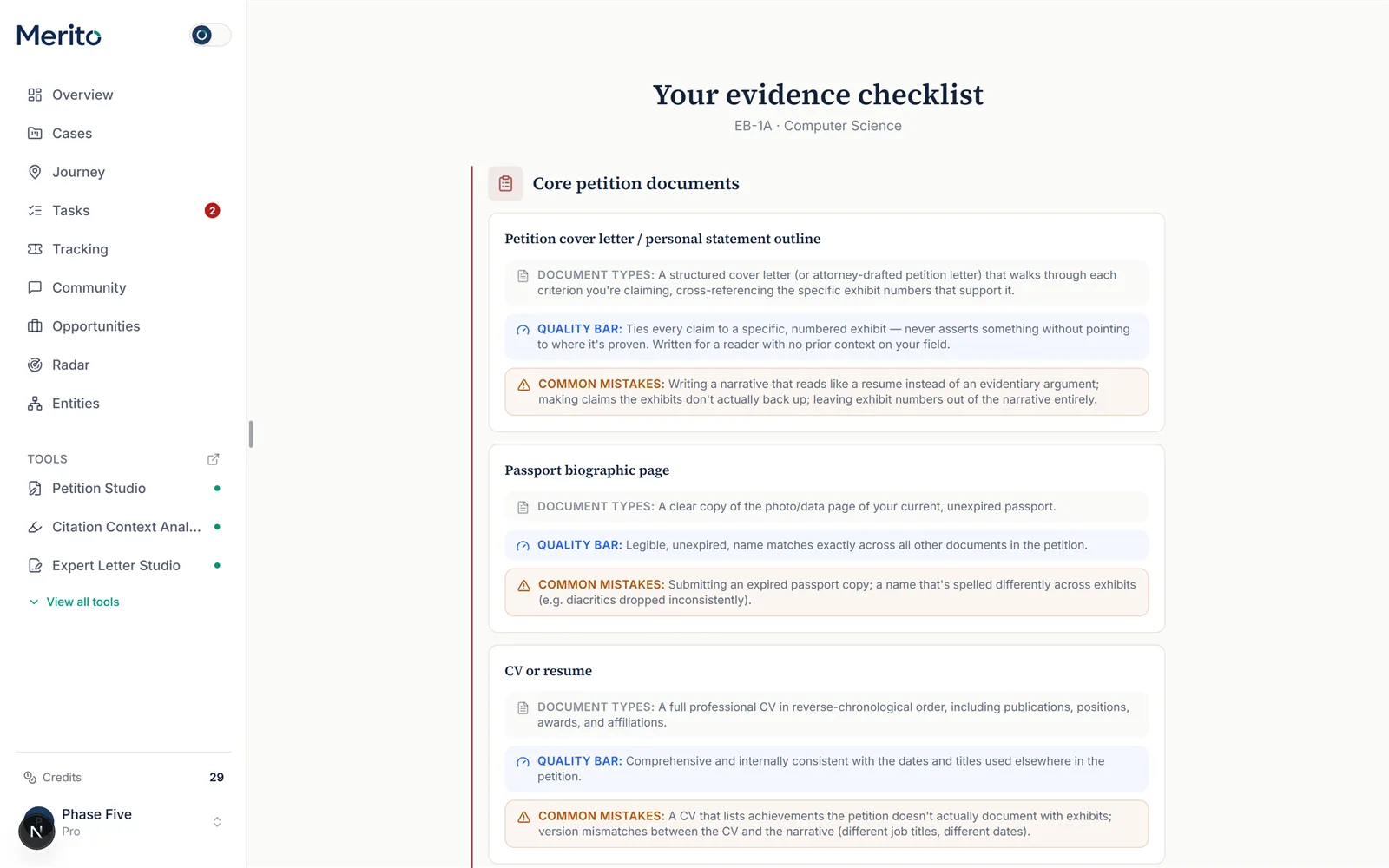 The unlocked checklist results page, showing the Core petition documents section with document types, quality bar, and common mistakes for each item