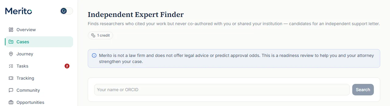 Expert Finder's entry screen, with the name/ORCID search field and the standard readiness disclaimer
