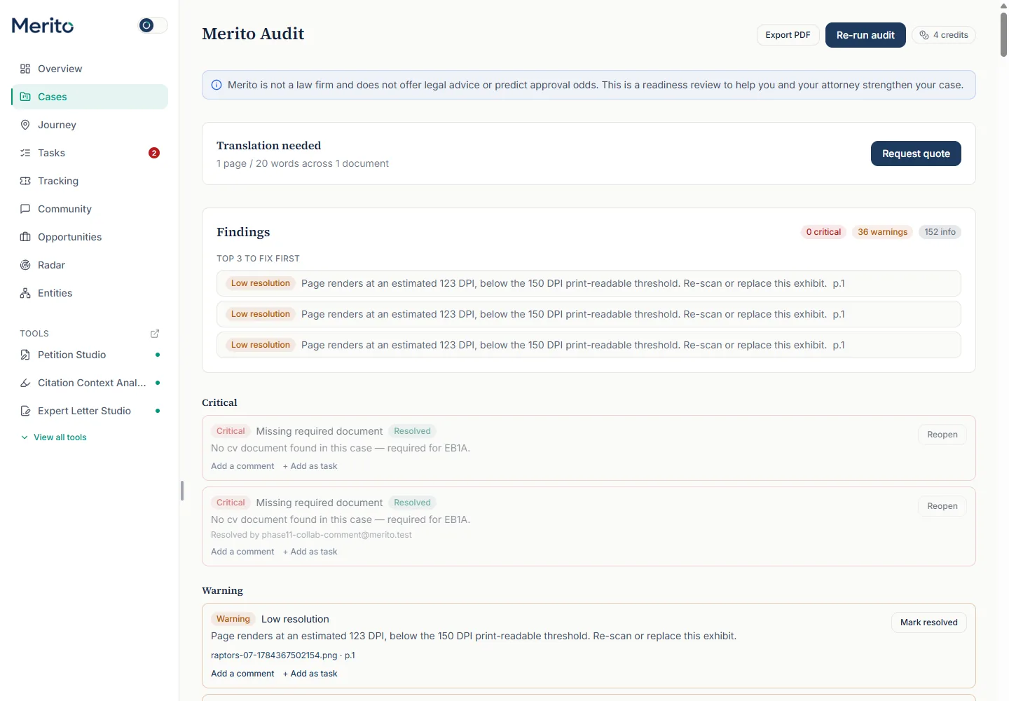 Real Merito Audit findings: Top 3 to fix, a resolved critical finding, and an open low-resolution warning
