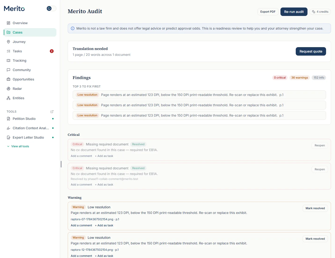 Findings list with a "Show N more" control for large result sets