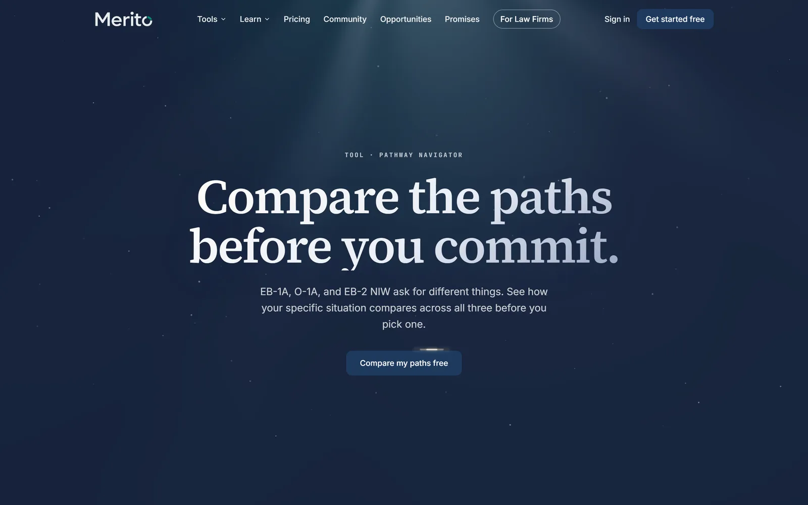 Pathway Navigator's public tool page, showing the "Compare the paths before you commit" headline
