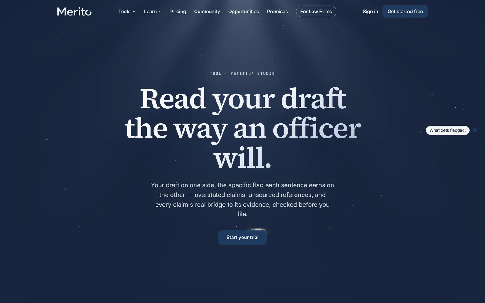 Petition Studio's public tool page, "A paragraph-by-paragraph read of your draft"