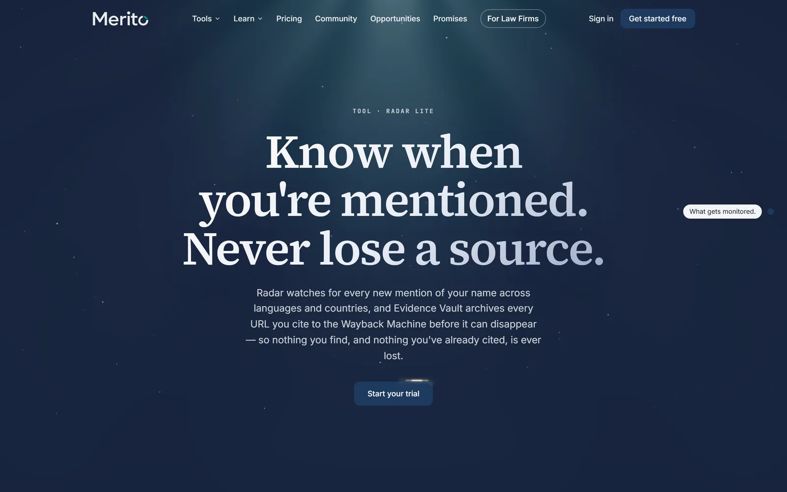 Radar's public tool page, "See how often your name has come up in the news"
