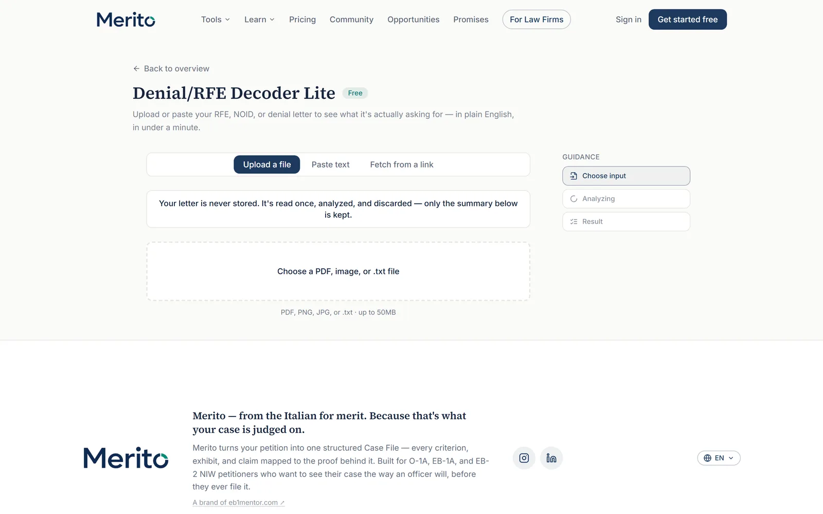 The empty RFE Decoder form with Upload / Paste / Fetch-from-link tabs