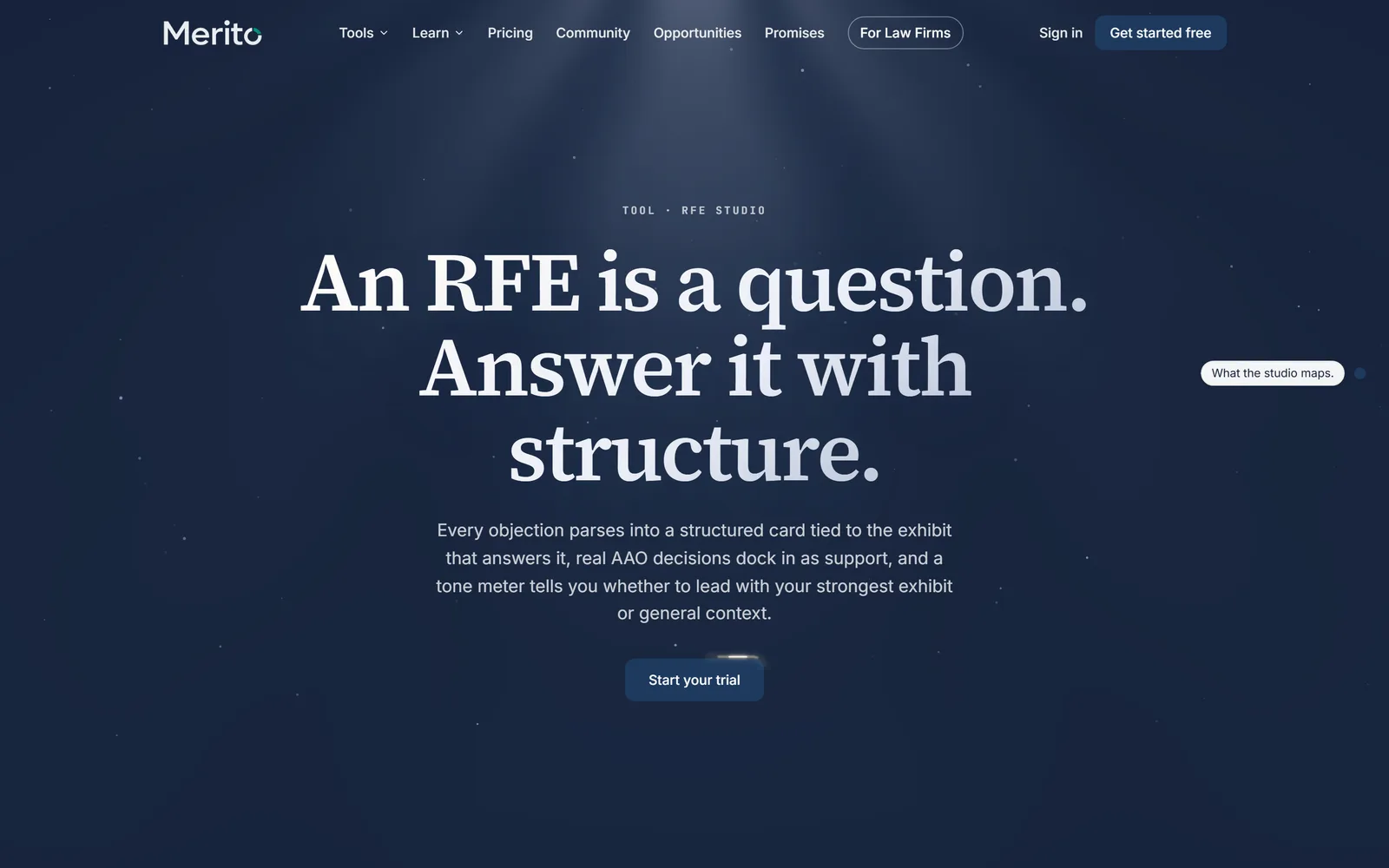 RFE Studio's public tool page, "An RFE is a question. Answer it with structure."