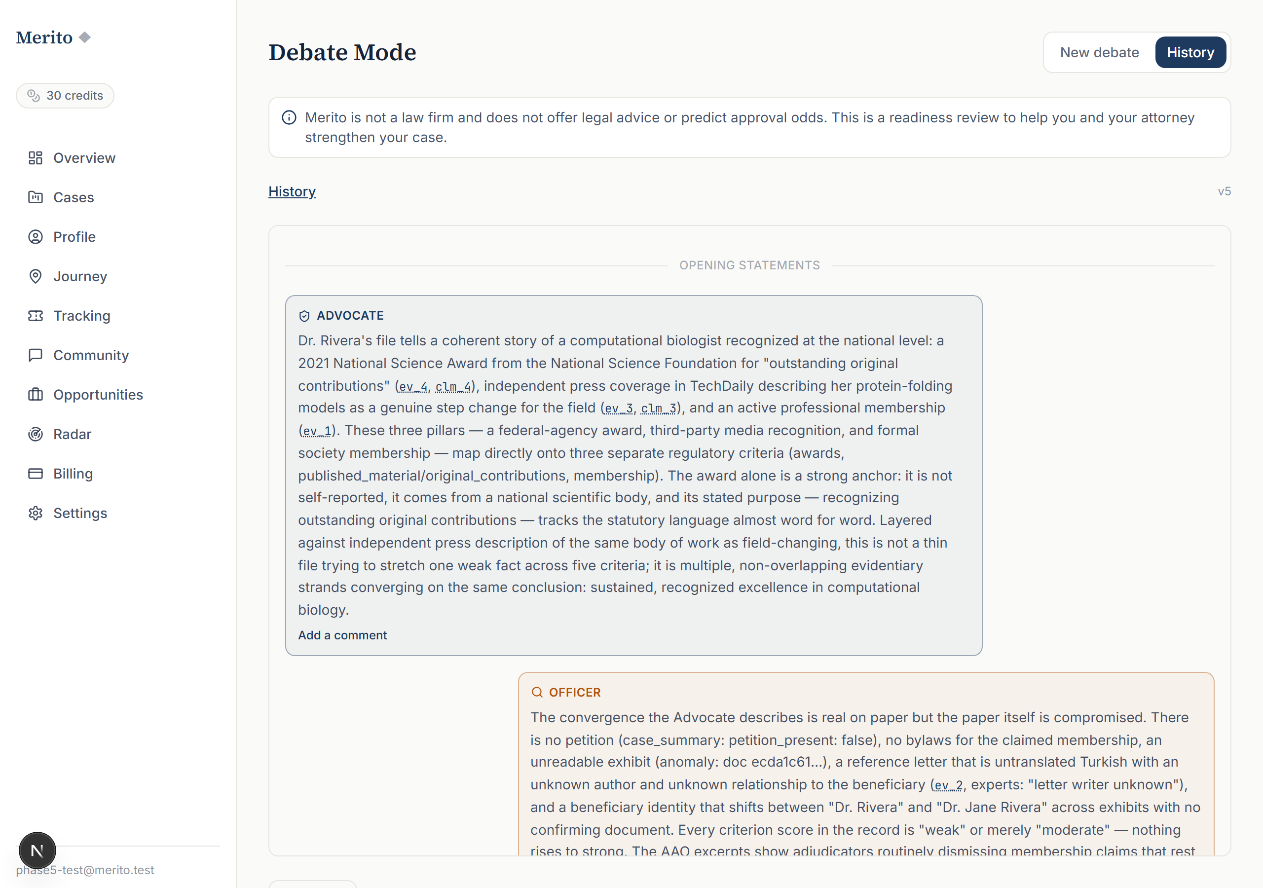 Debate Mode's opening statements — the Advocate's argument (left, teal) and the Officer's rebuttal (right, orange) on a real demo case