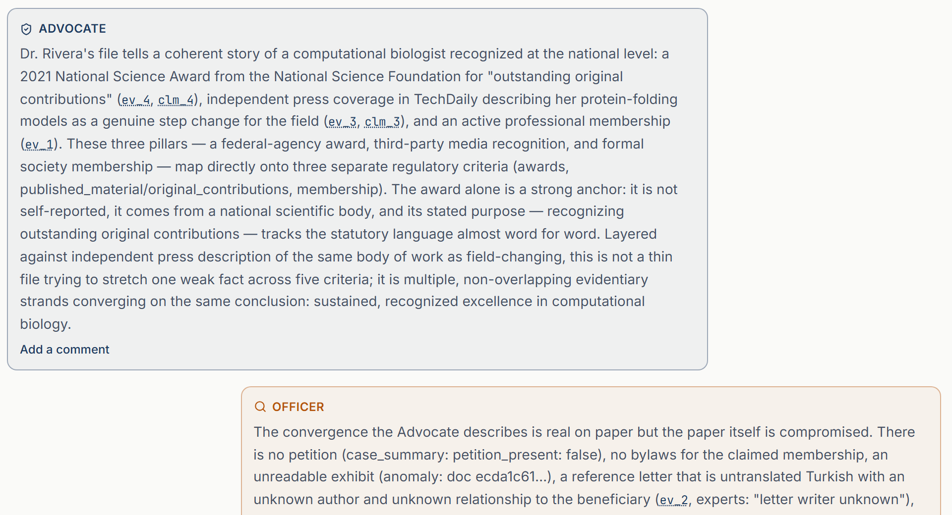 A close-up of the Advocate's opening statement (teal) and the Officer's rebuttal (orange), each citing real exhibit and claim ids from the case file